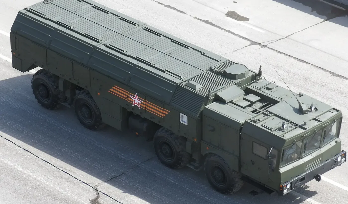 Russian 9P78-1 Iskander-M missile launcher vehicle photographed from above during a parade