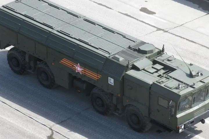 Russian 9P78-1 Iskander-M missile launcher vehicle photographed from above during a parade