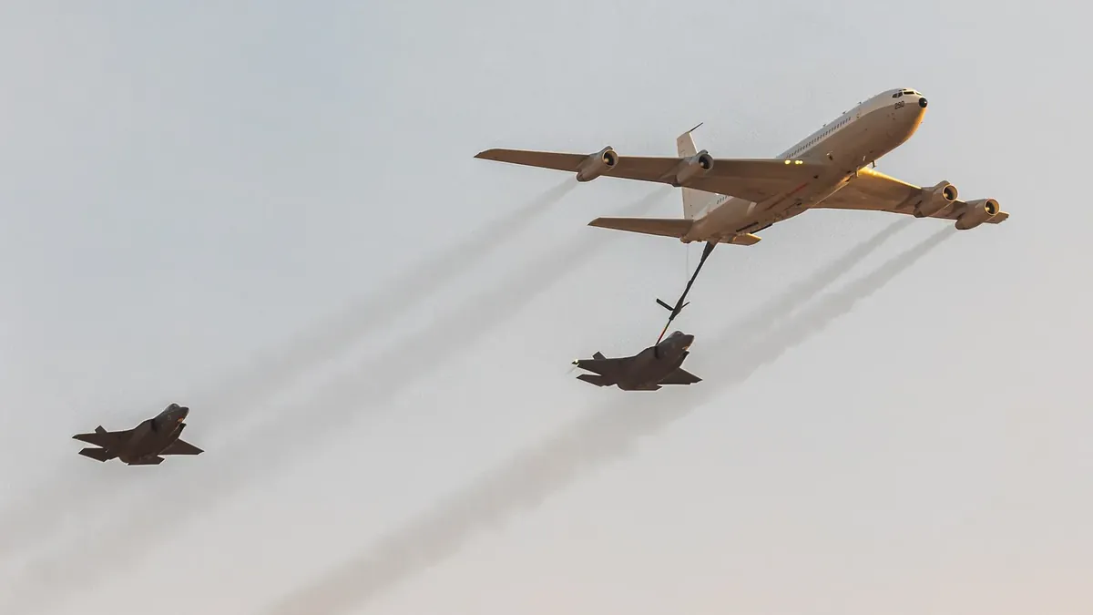 An Israeli Air Force Boeing 707 tanker refuelling an F-35I Adir fighter in flight