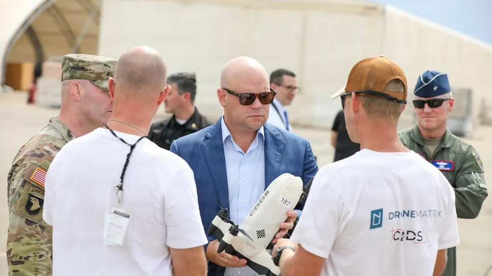 Acting U.S. Army Secretary Adam Telle reviews a counter-drone system during exercise Falcon Peak at Yuma Proving Ground, Arizona