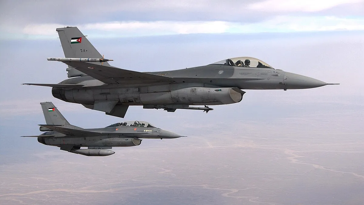 Two Royal Jordanian Air Force F-16 fighters flying in formation
