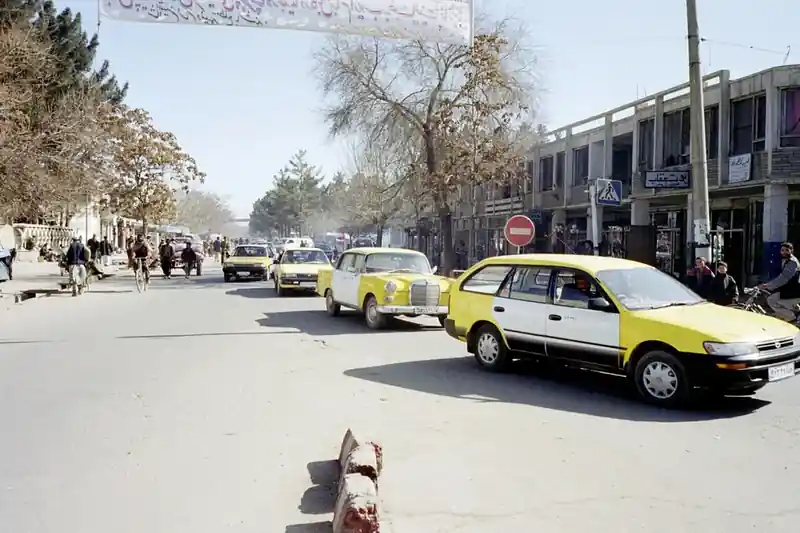 A taxi on a street in Kabul in February 2002