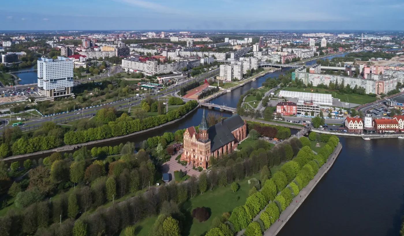 Aerial view of central Kaliningrad with the cathedral on Kant Island