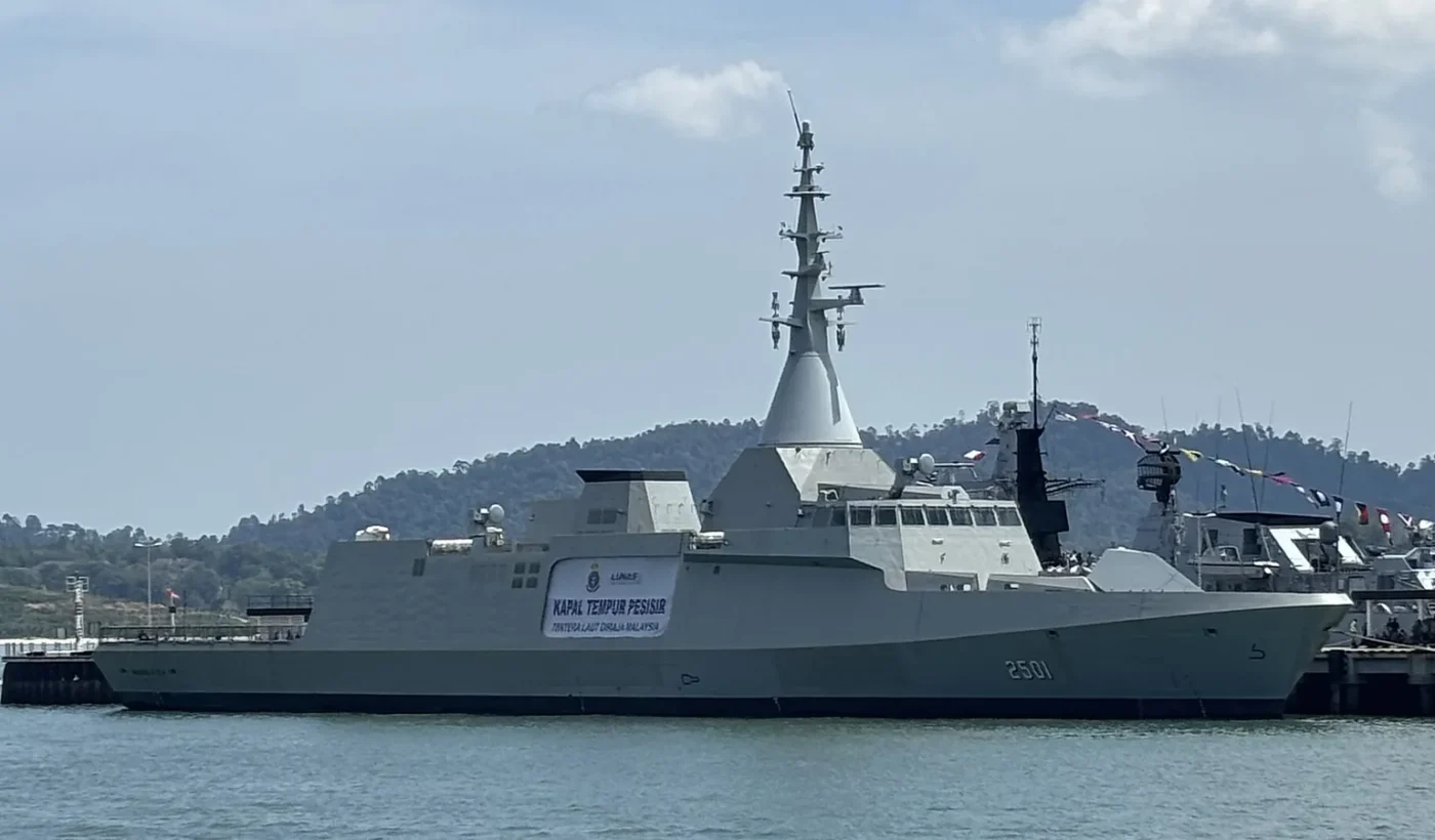 The Royal Malaysian Navy frigate KD Maharaja Lela moored at the shipyard pier in Lumut