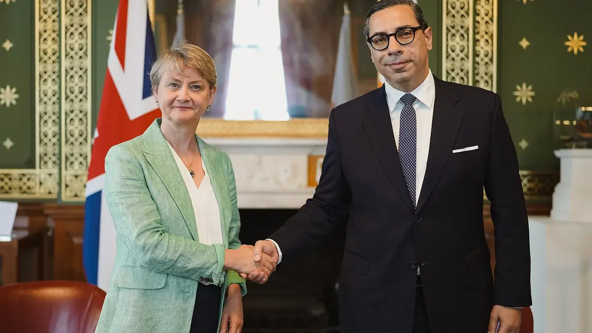 Cyprus Foreign Minister Constantinos Kombos meeting UK Foreign Secretary Yvette Cooper in London