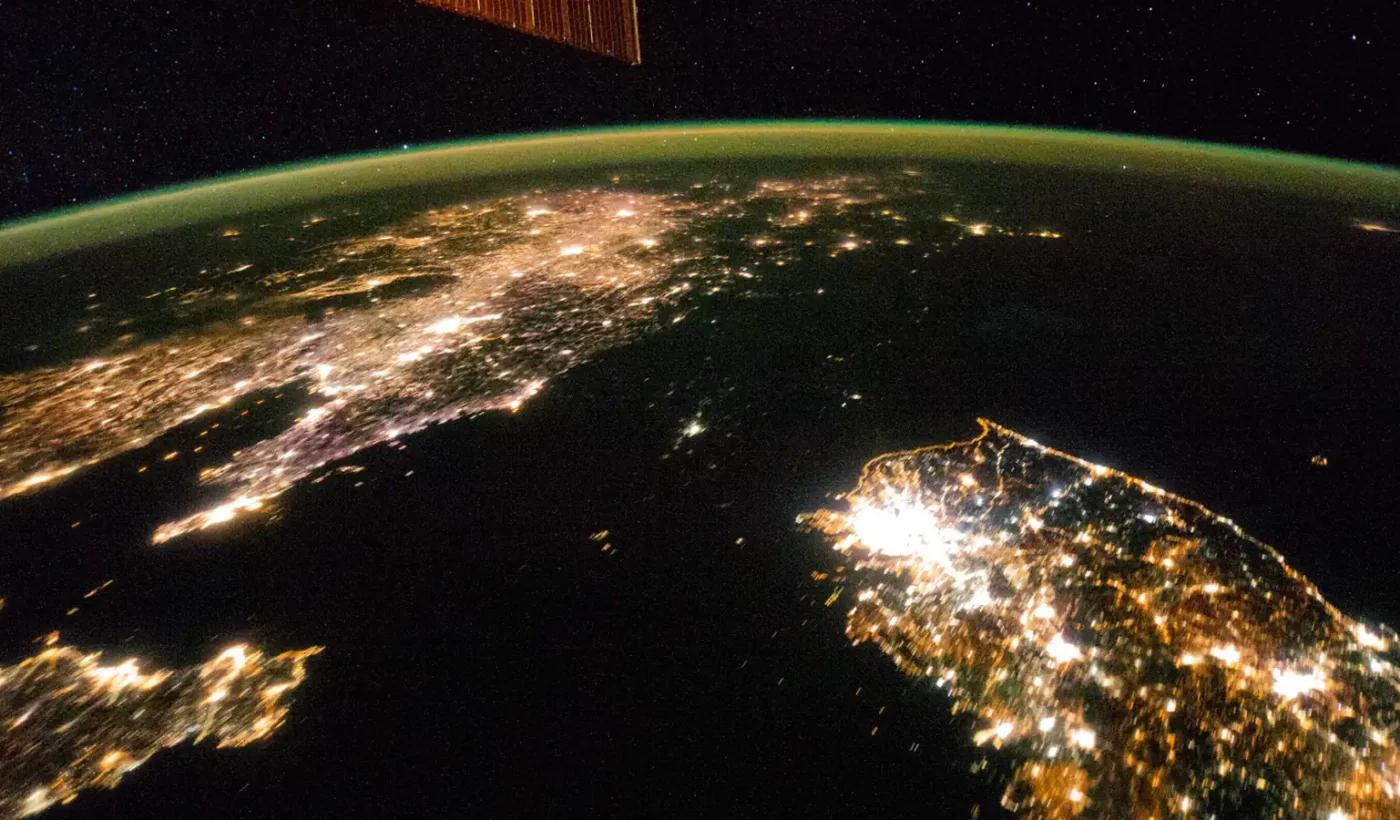 The Korean Peninsula at night as photographed from the International Space Station
