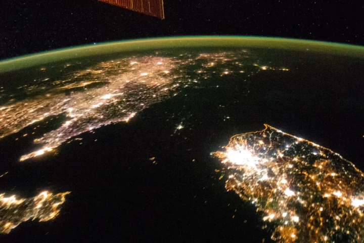 The Korean Peninsula at night as photographed from the International Space Station