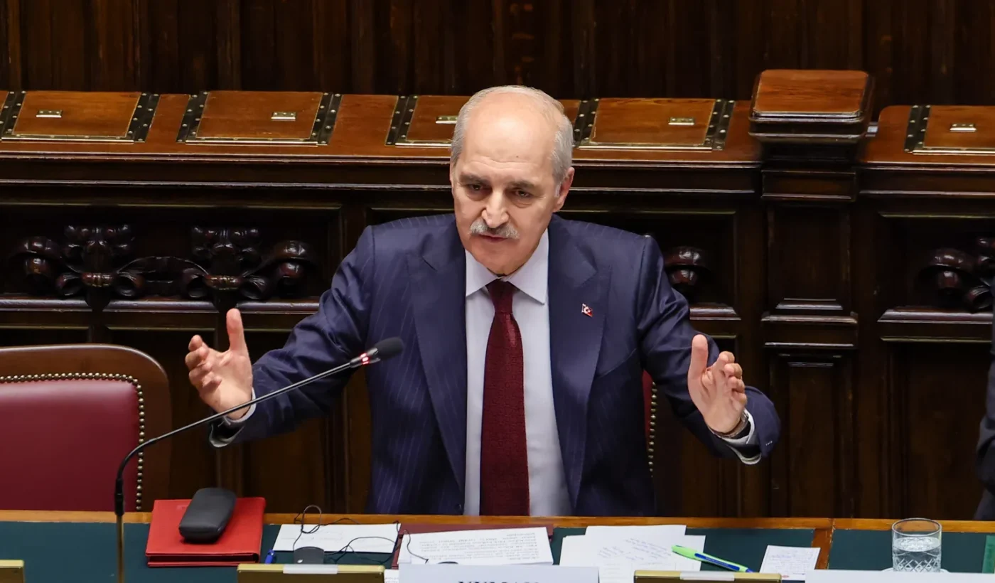 Numan Kurtulmuş, the speaker of the Turkish parliament, speaking at the European Conference of Presidents of Parliament in Rome