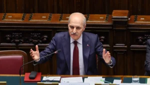Numan Kurtulmuş, the speaker of the Turkish parliament, speaking at the European Conference of Presidents of Parliament in Rome