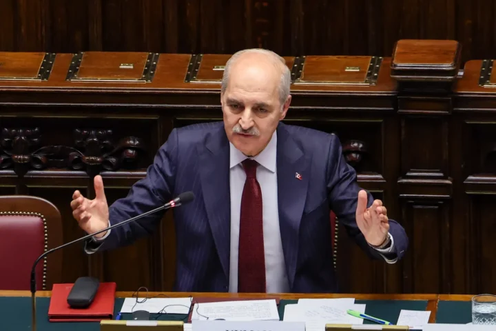 Numan Kurtulmuş, the speaker of the Turkish parliament, speaking at the European Conference of Presidents of Parliament in Rome