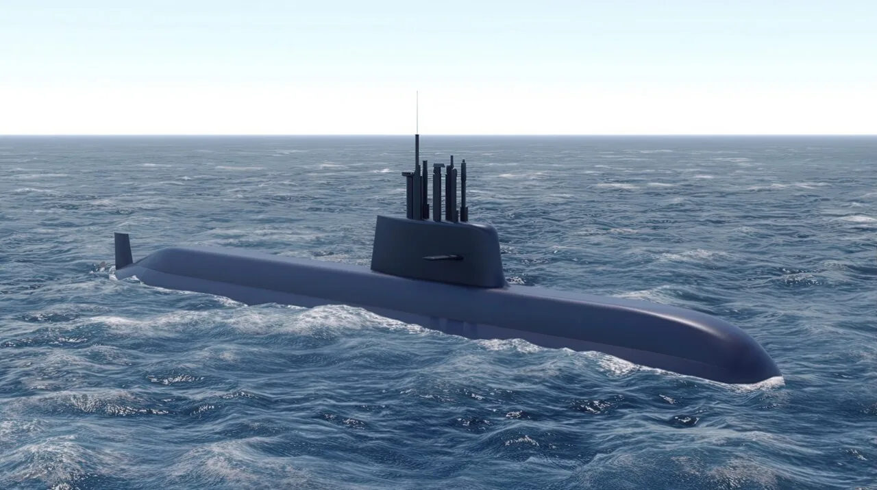 Computer-generated image of the KSS-III Batch II submarine under way on the surface of a calm sea