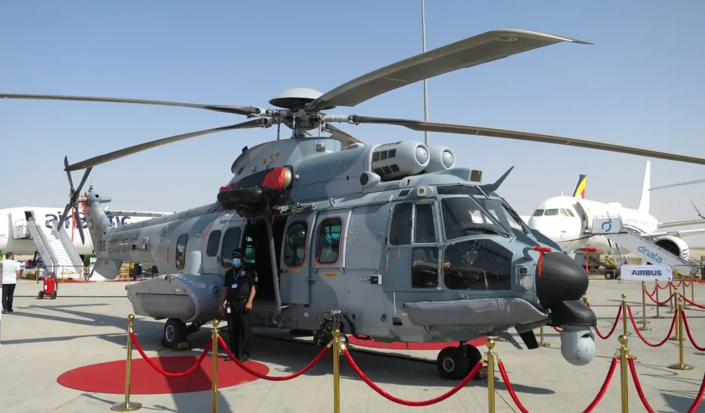 An Airbus H225M military helicopter on static display at an airshow