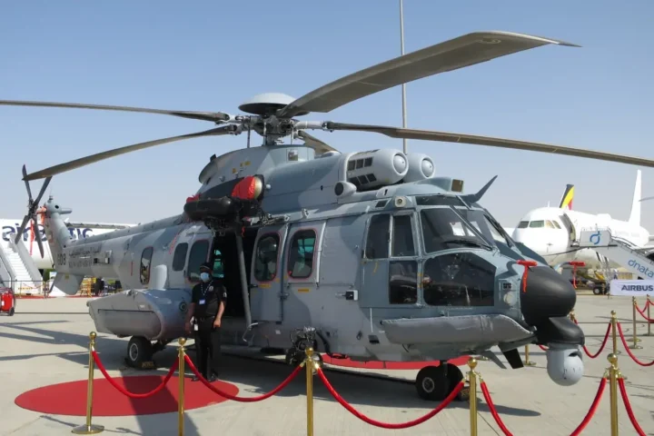 An Airbus H225M military helicopter on static display at an airshow