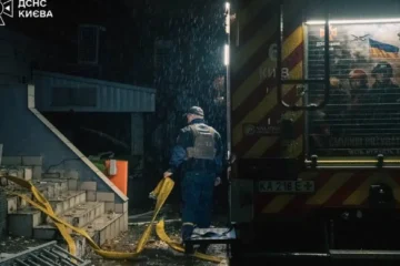 A State Emergency Service rescuer at the site of a strike in Kyiv on the night of October 19, 2026