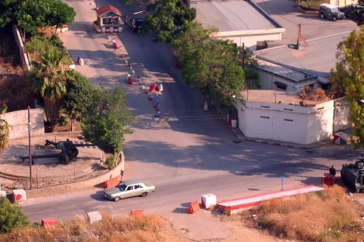 A Lebanese Army checkpoint at the entrance to the Qoubaiyat base in Tripoli, Lebanon