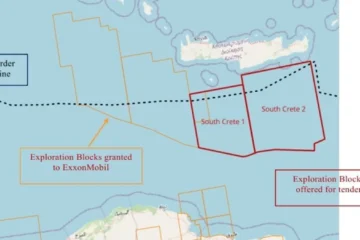 A map of the sea south of Crete with Libya’s claimed border line and exploration blocks