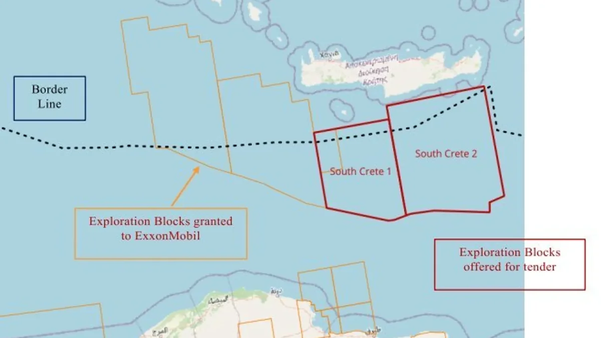 A map of the sea south of Crete with Libya’s claimed border line and exploration blocks