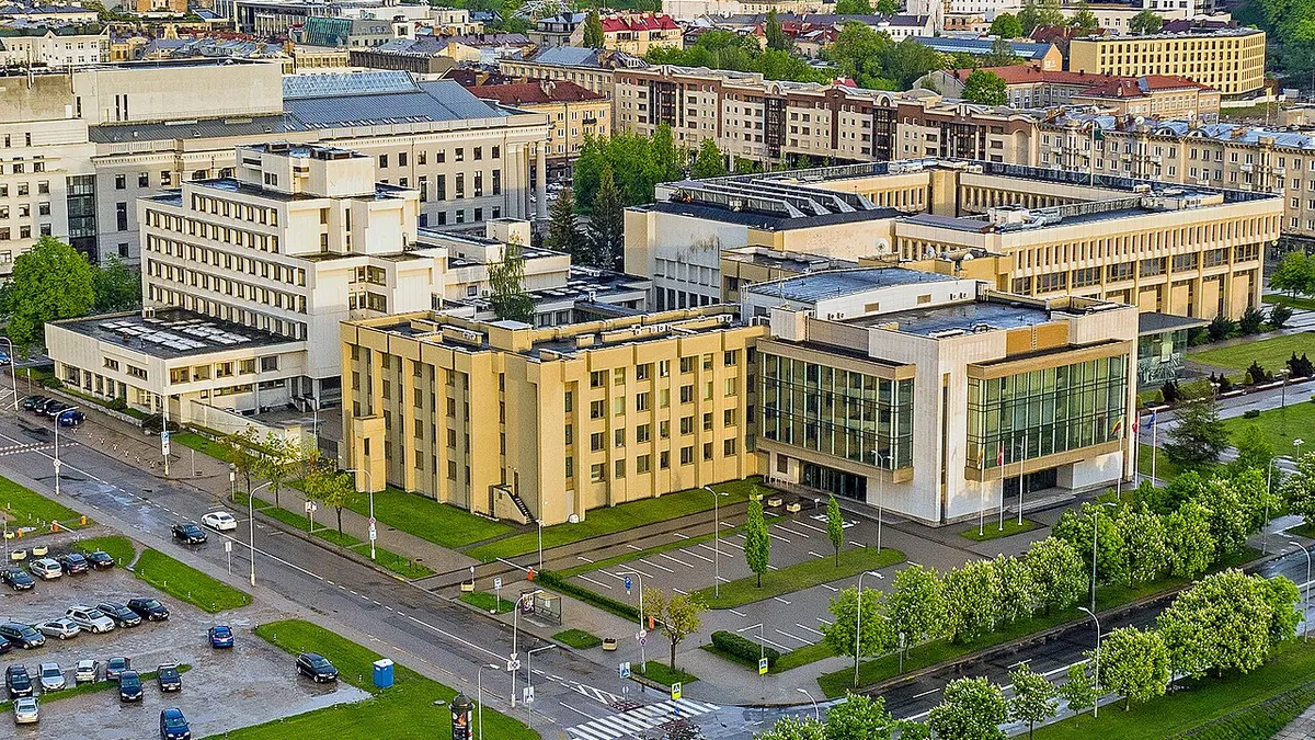 Aerial view of the Seimas parliamentary complex in Vilnius, archive photograph from May 2021