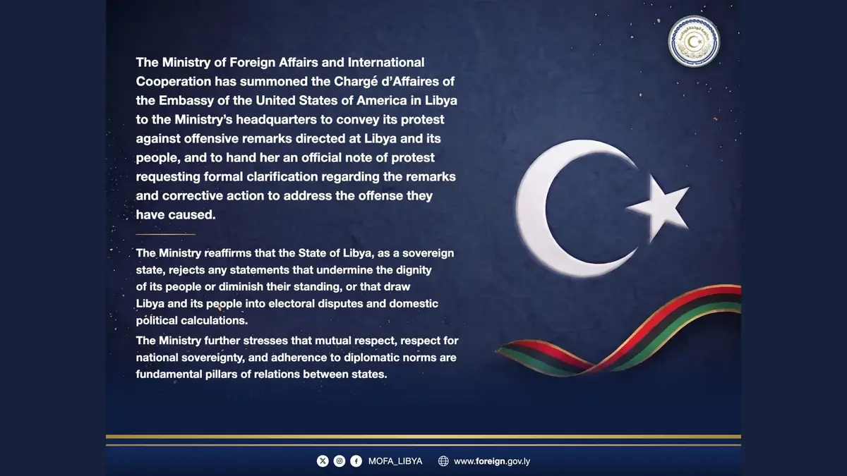 Statement of Libya's foreign ministry on summoning the US chargé d'affaires