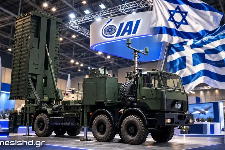 Illustration of the LORA ballistic missile launcher of Israel Aerospace Industries with the flags of Greece and Israel