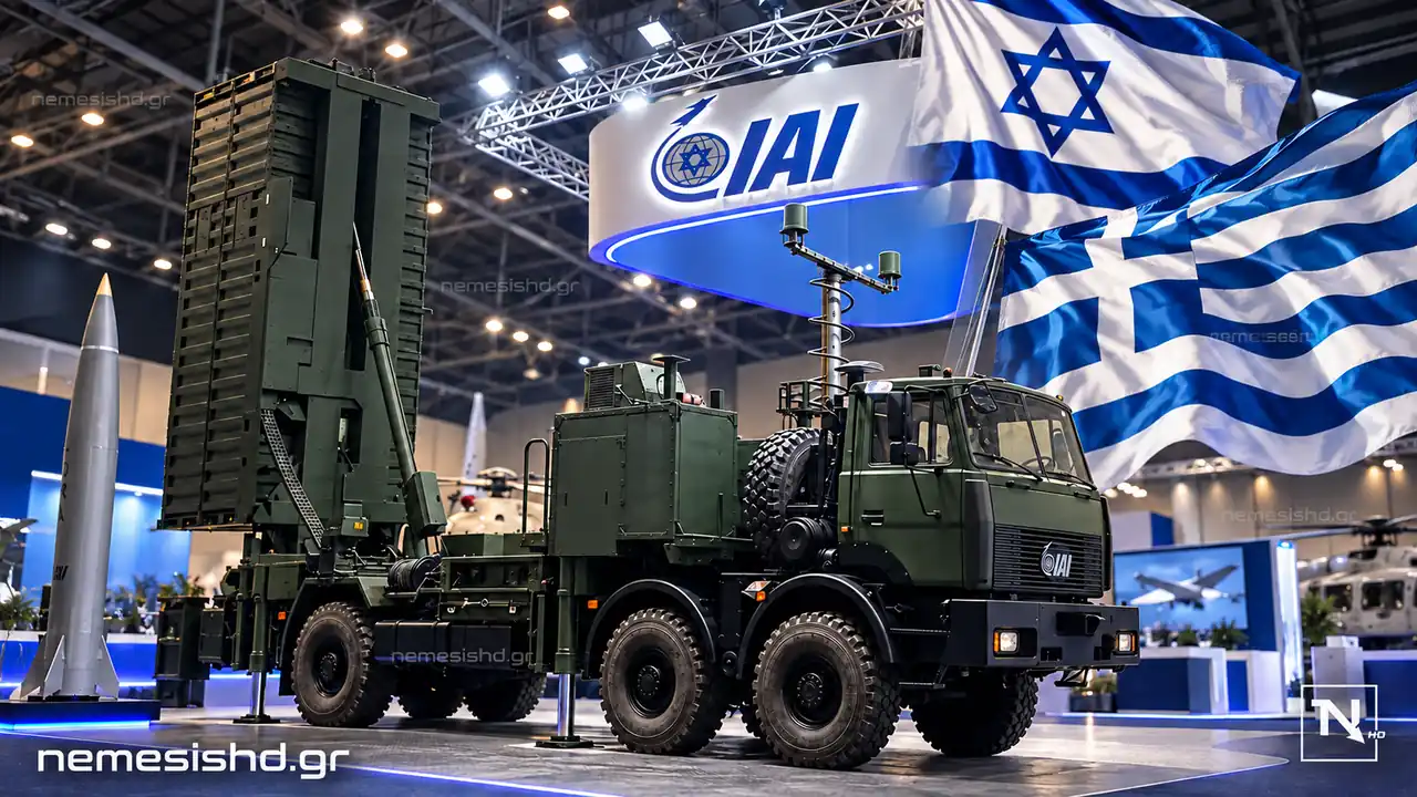 Illustration of the LORA ballistic missile launcher of Israel Aerospace Industries with the flags of Greece and Israel