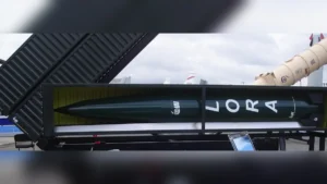 A LORA ballistic missile in its launch canister on display at an air show