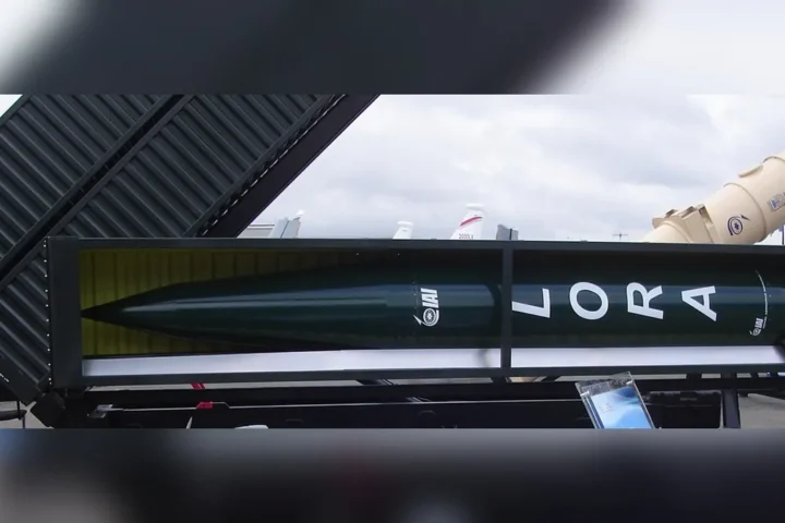 A LORA ballistic missile in its launch canister on display at an air show