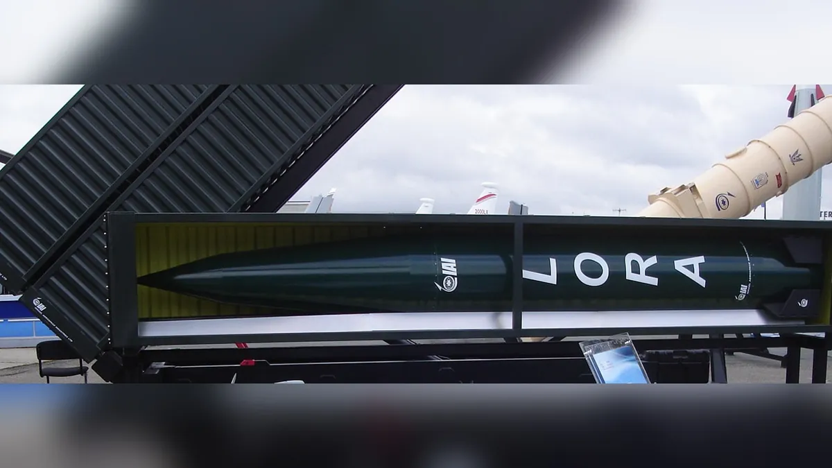 A LORA ballistic missile in its launch canister on display at an air show