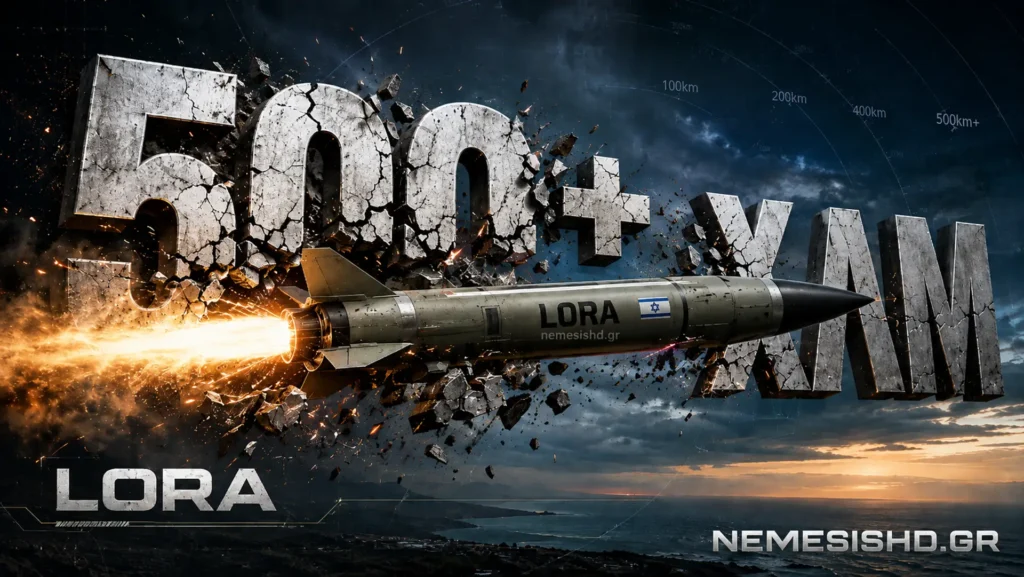 Graphic showing the LORA ballistic missile and its 500 km range