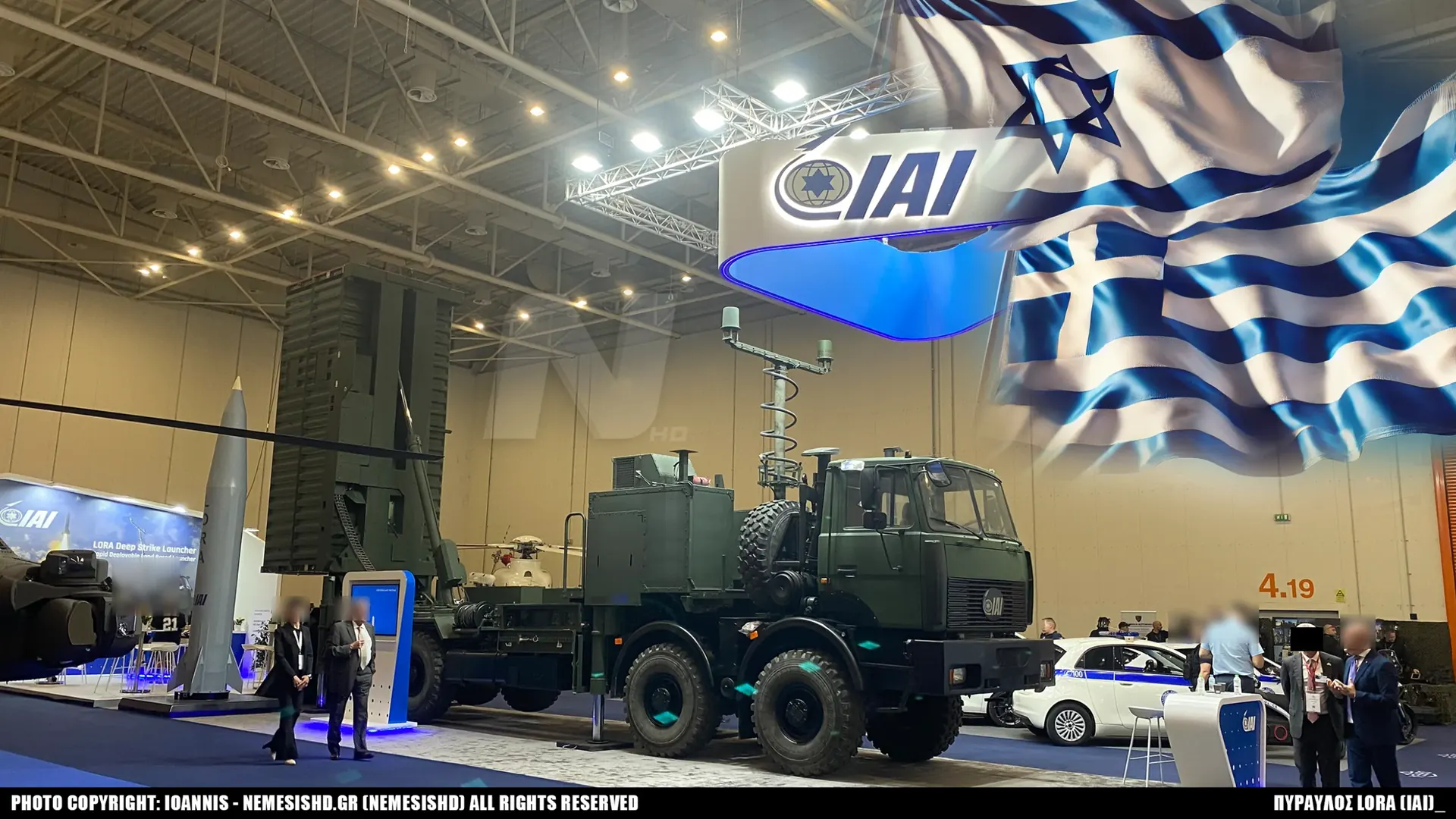 The LORA ballistic missile and its launcher at the Israel Aerospace Industries stand at the DEFEA exhibition
