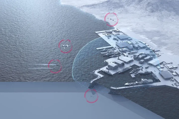 Graphic showing layered protection against aerial and maritime threats with the MARSS NiDAR system
