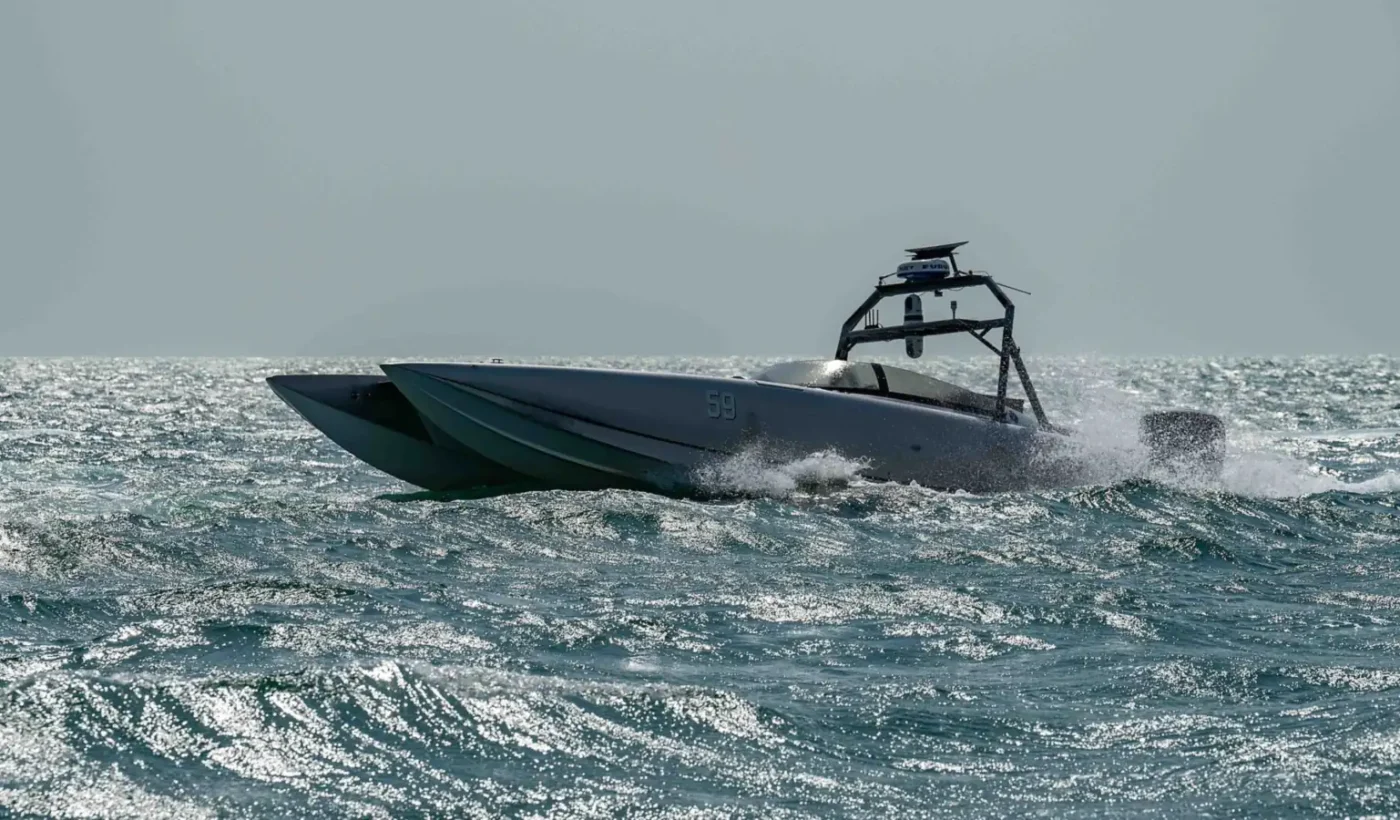 A MARTAC Devil Ray T-38 unmanned surface vessel with US 5th Fleet’s Task Force 59 in the Arabian Gulf