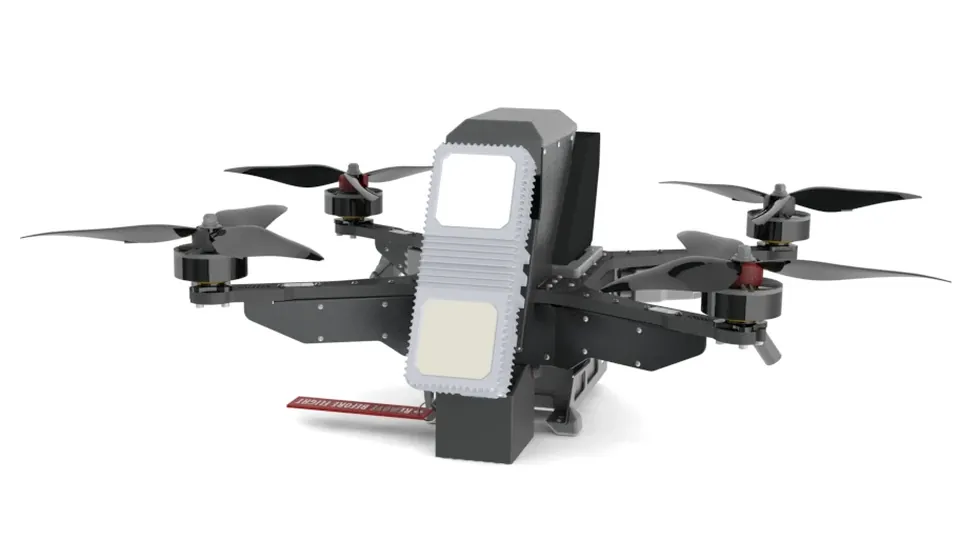 Computer rendering of a quadcopter interceptor drone with a radar module mounted on its front, shown against a white background