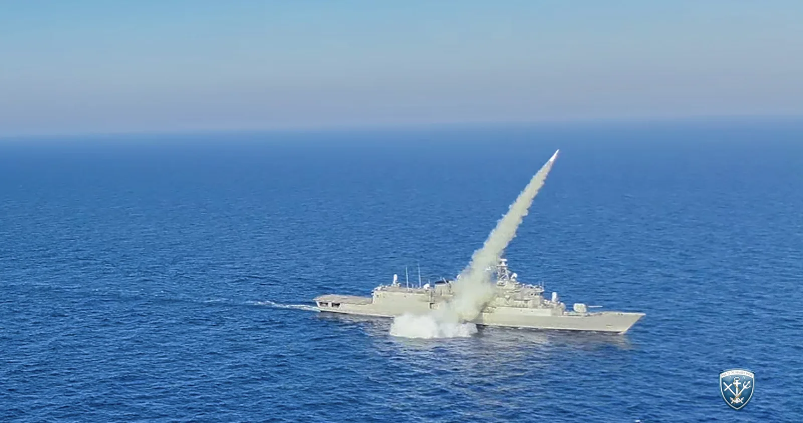 A missile launched from a Greek MEKO 200HN frigate during live-fire training