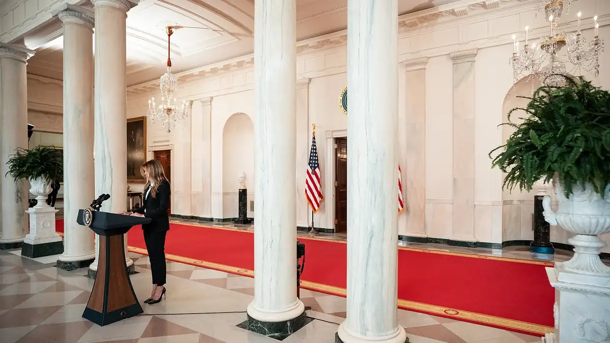 Melania Trump at the White House announcing the reunification of children from Ukraine with their families