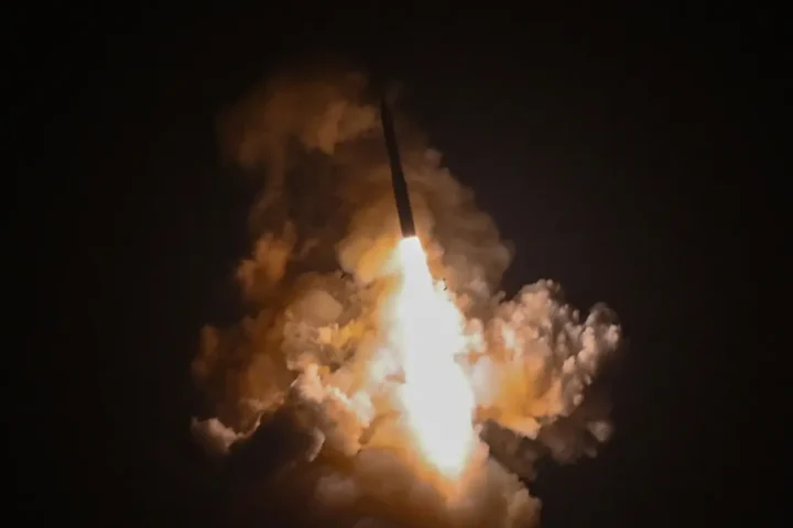 An unarmed Minuteman III intercontinental ballistic missile launches during an operational test at Vandenberg Space Force Base, May 21, 2025