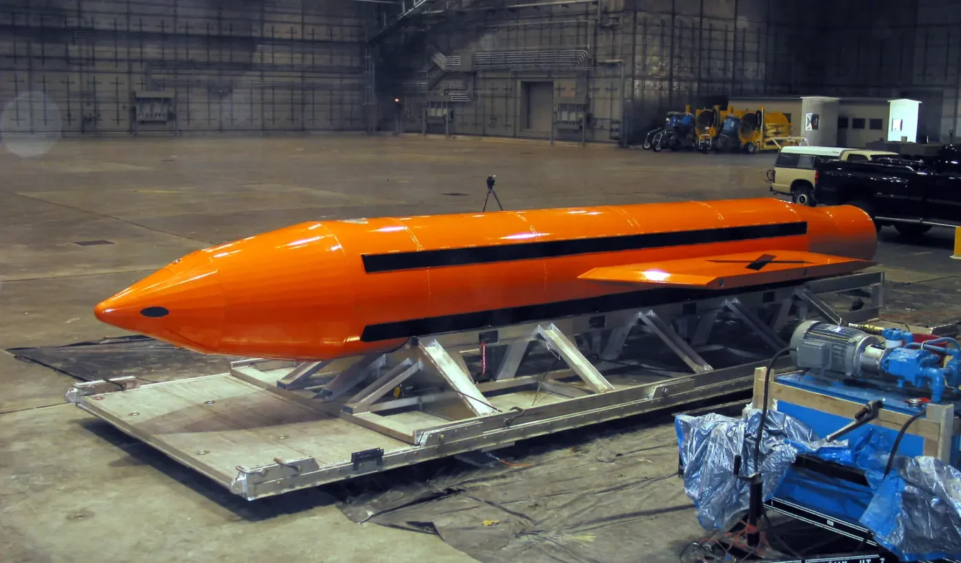 The GBU-43/B Massive Ordnance Air Blast (MOAB) bomb being prepared for a test at Eglin Air Force Base, March 2003