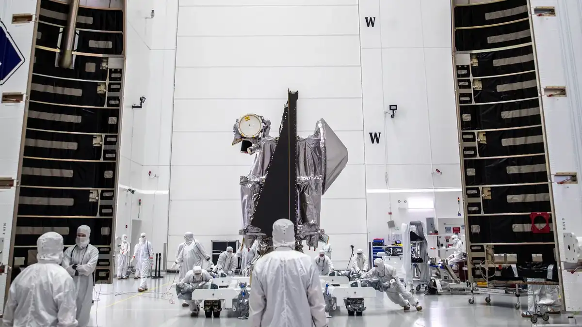 NASA’s Lucy spacecraft inside the Astrotech Space Operations facility in Titusville, Florida, weeks before launch