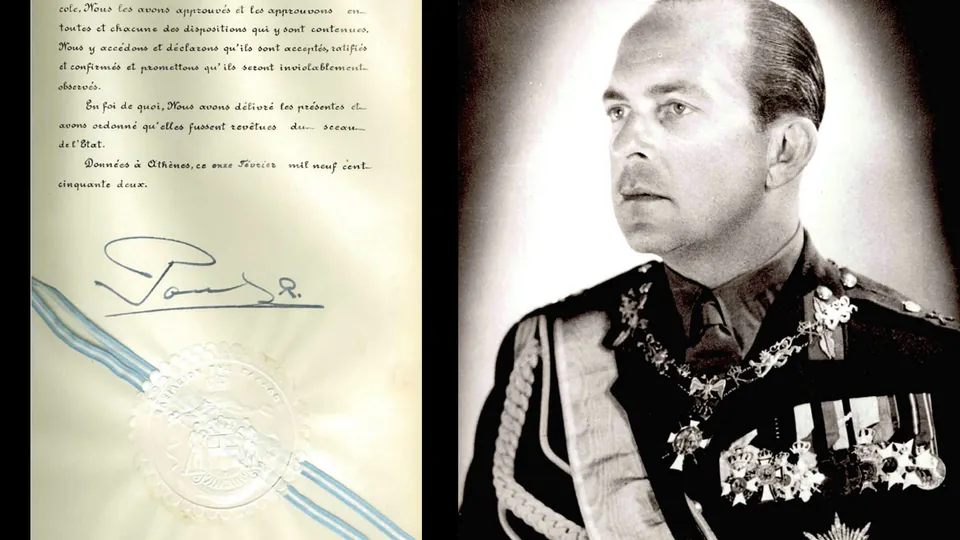 Greece's instrument of accession to the North Atlantic Treaty, signed by King Paul I on 11 February 1952, beside his portrait