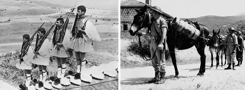 Greek soldiers in Evzone uniforms at a border station and a soldier with a supply mule in the early 1950s