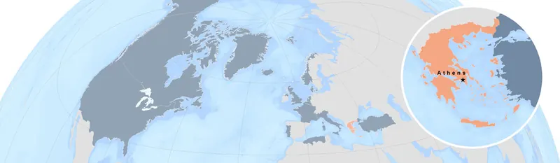 Map showing Greece highlighted among NATO members in Europe and North America in 1952
