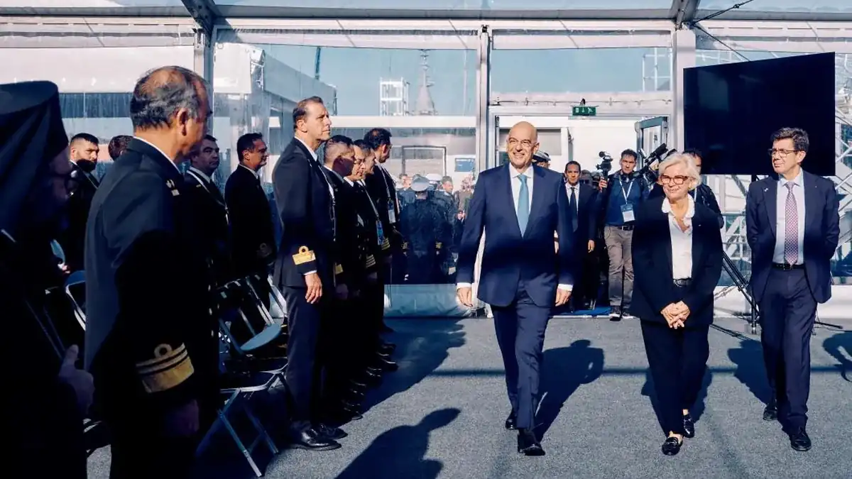 Greek Defence Minister Nikos Dendias and French Armed Forces Minister Catherine Vautrin at the delivery ceremony of the frigate Nearchos in Lorient
