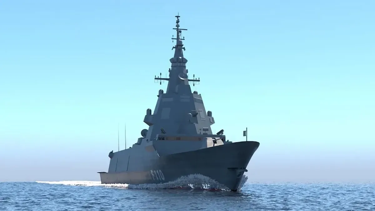 A digital rendering of an F110 Bonifaz-class frigate