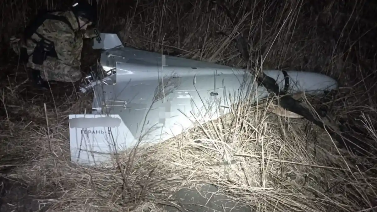 A recovered Russian Shahed-type drone on the ground in Dnipropetrovsk Oblast