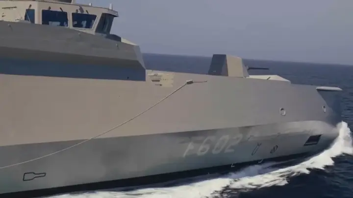 The bow of the Greek FDI frigate F602 Nearchos at sea, with the hull number F602 visible