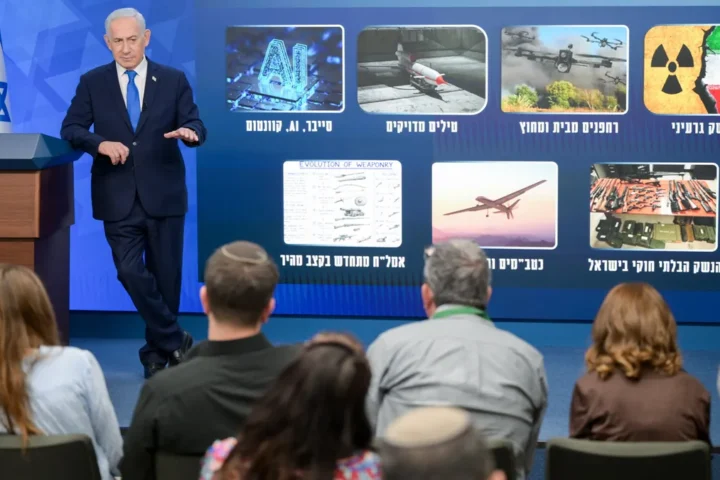Israeli Prime Minister Benjamin Netanyahu speaking at a security briefing for journalists in his Jerusalem office