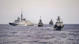 Warships sailing in formation during the Noble Dina exercise with Israel, Greece, Cyprus and France