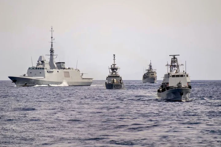 Warships sailing in formation during the Noble Dina exercise with Israel, Greece, Cyprus and France
