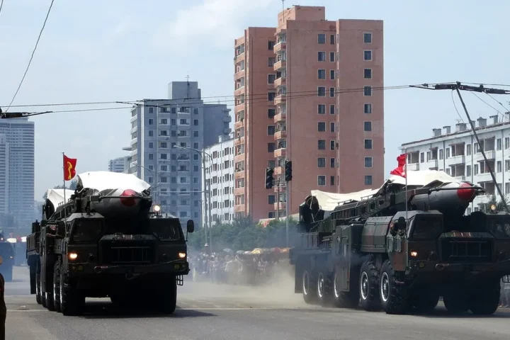Ballistic missiles on wheeled launchers at the Victory Day parade in Pyongyang, July 27, 2013