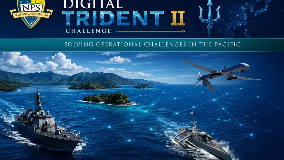 Graphic for the Digital Trident II challenge showing a warship, an uncrewed surface vessel and a drone over Pacific islands